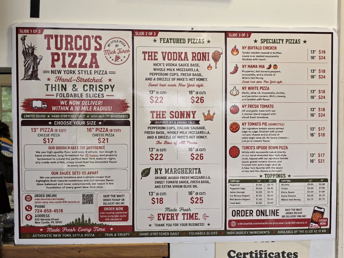 Turco's Pizza menu board