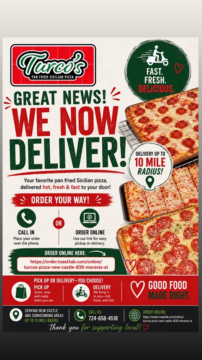 Turco's Pizza menu board