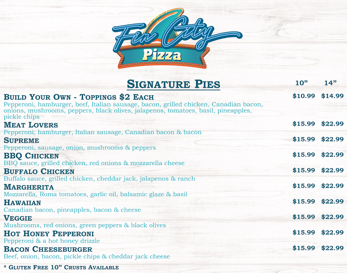 Fin City Pizza menu board