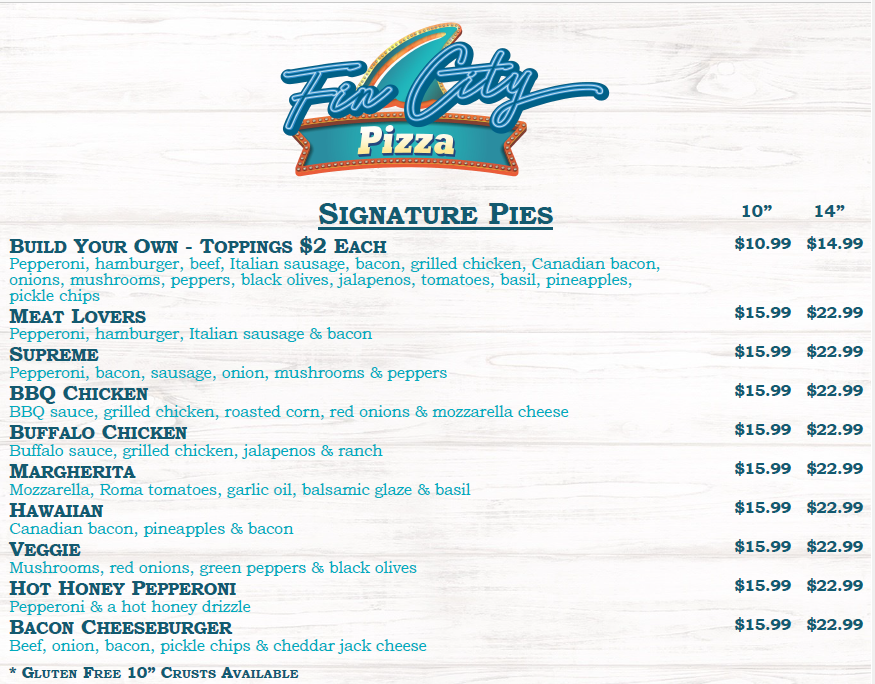 Fin City Pizza menu board