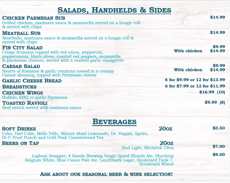 Fin City Pizza menu board