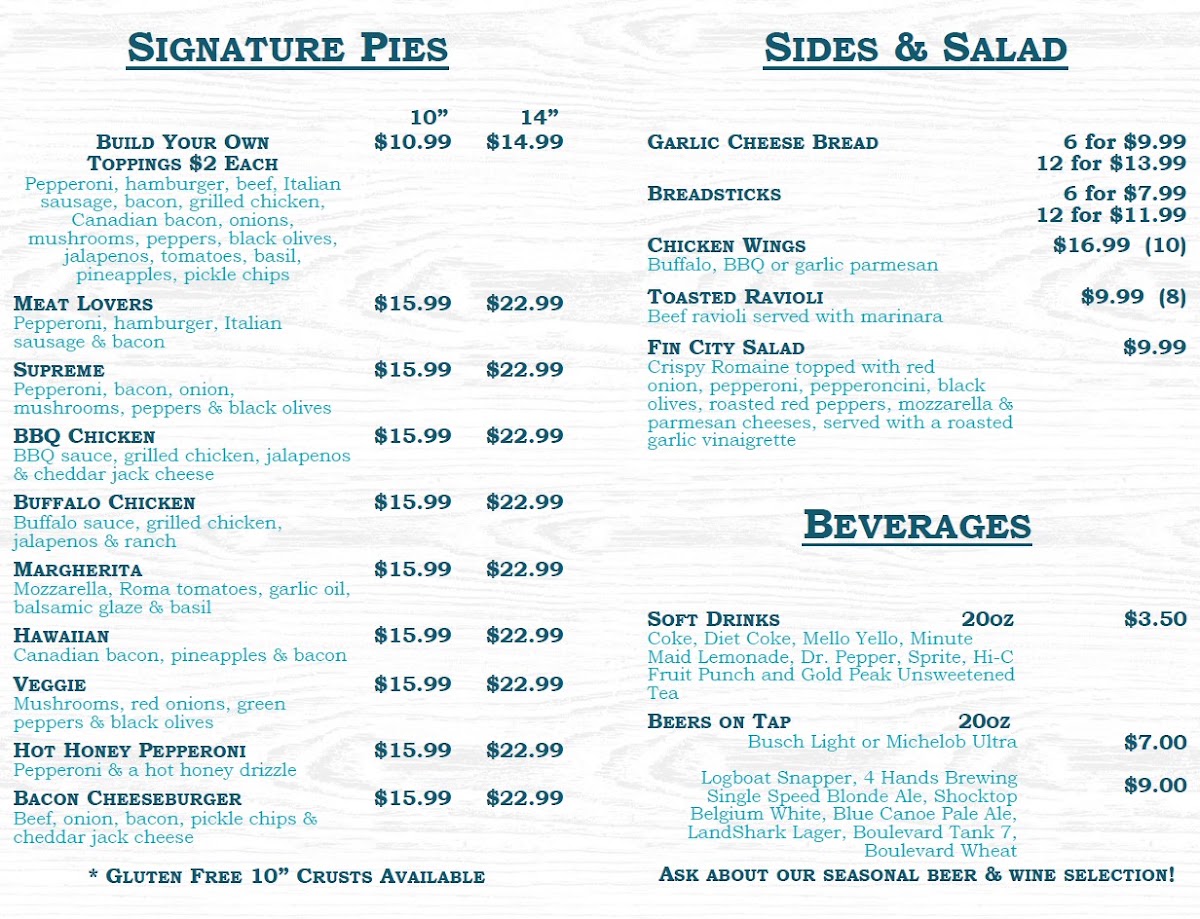 Fin City Pizza menu board
