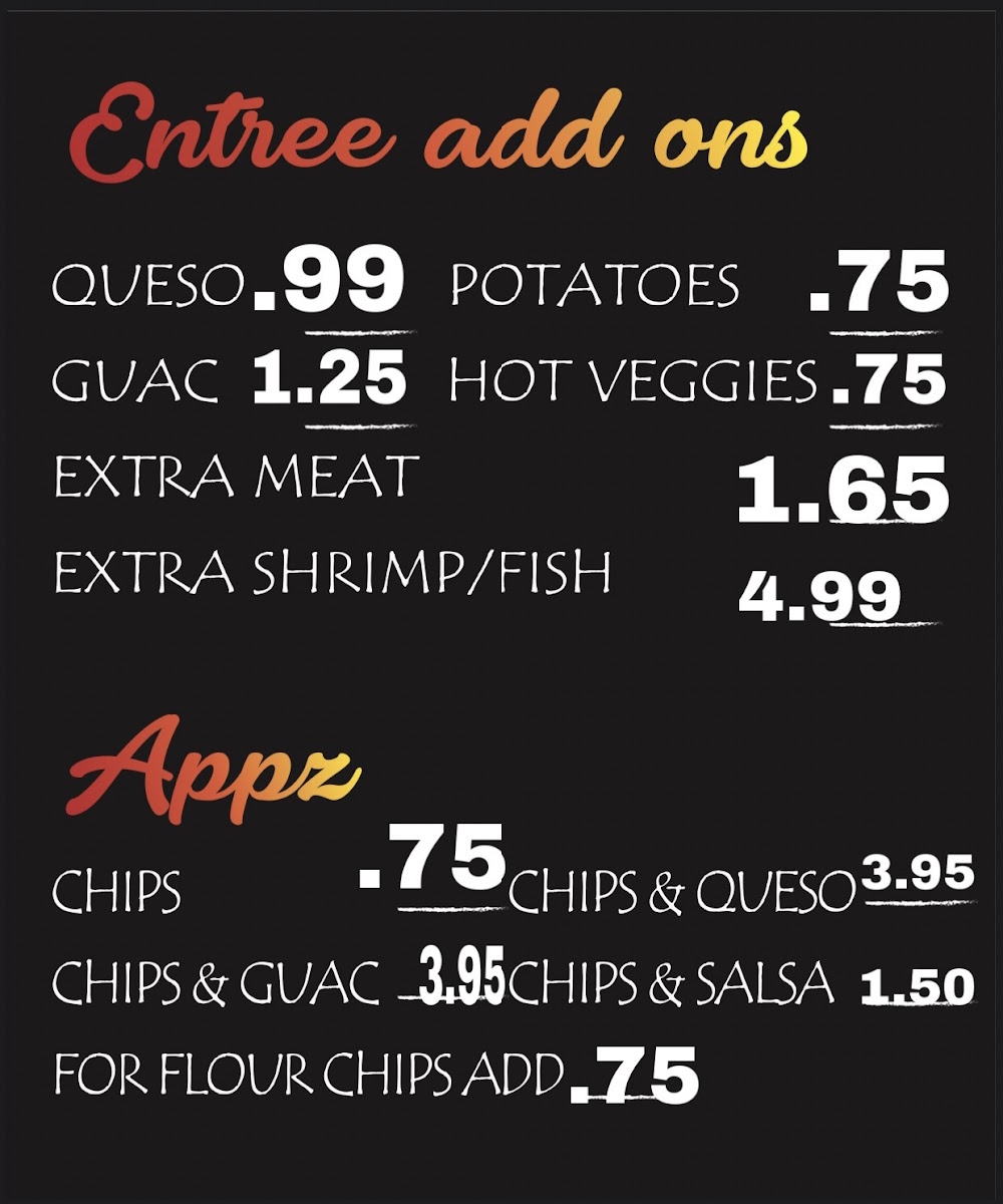 Mi Chavelita Mexican Grill menu board