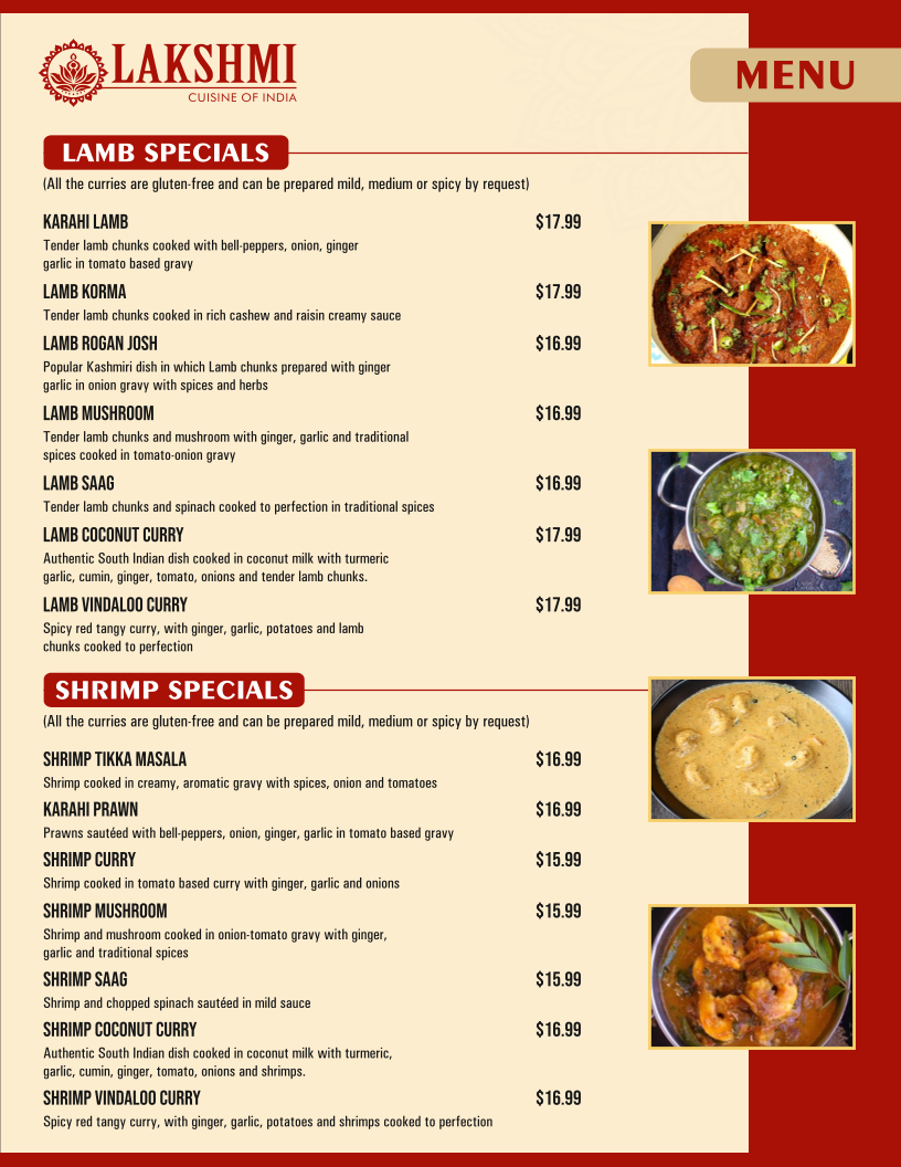 Lakshmi cuisine of India menu board