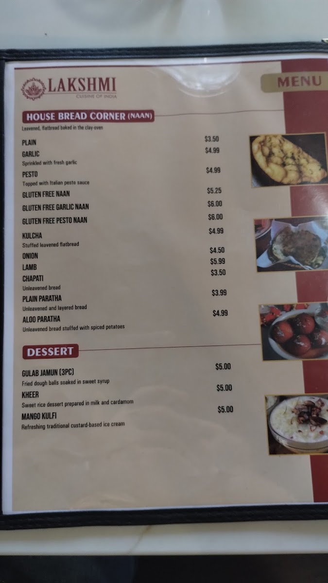 Lakshmi cuisine of India menu board