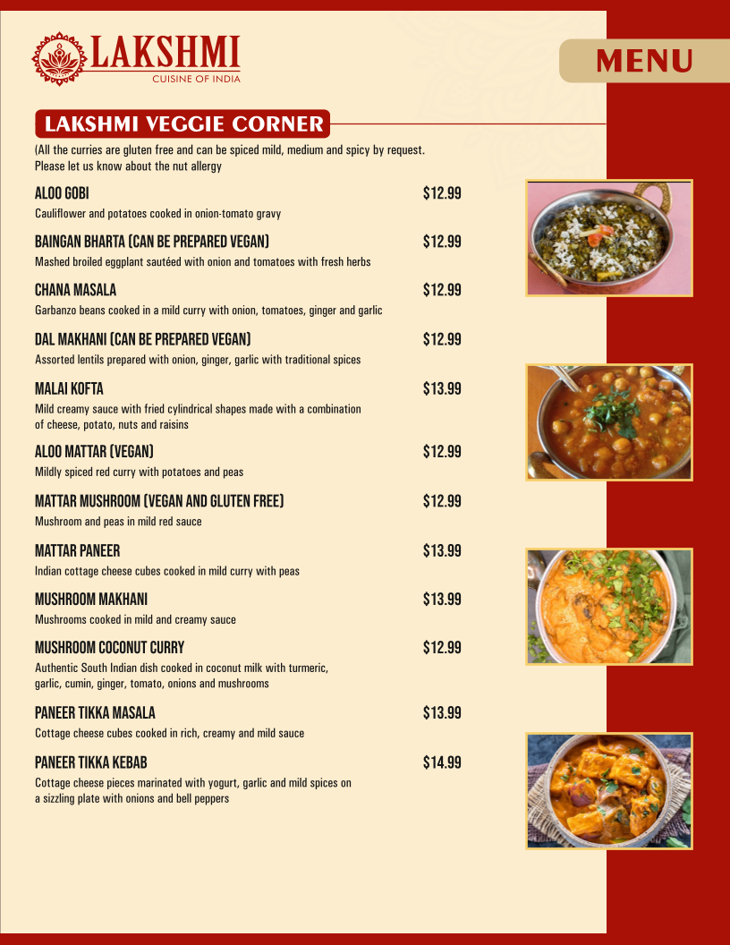 Lakshmi cuisine of India menu board