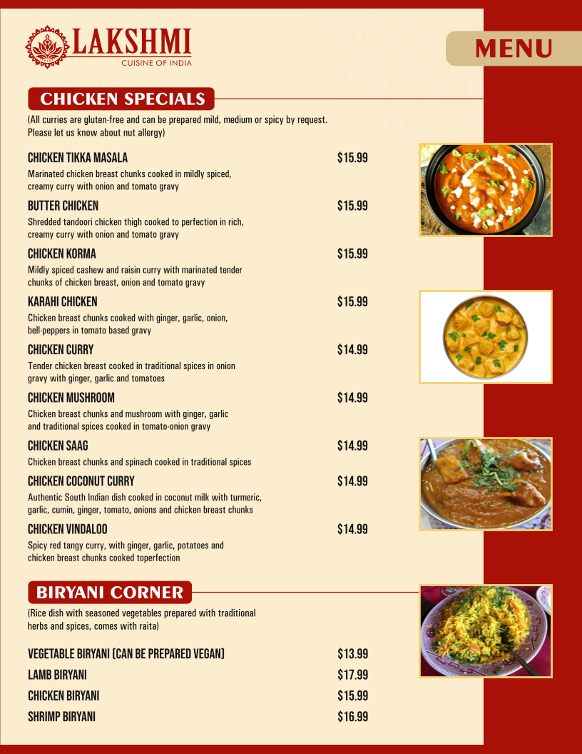 Lakshmi cuisine of India menu board