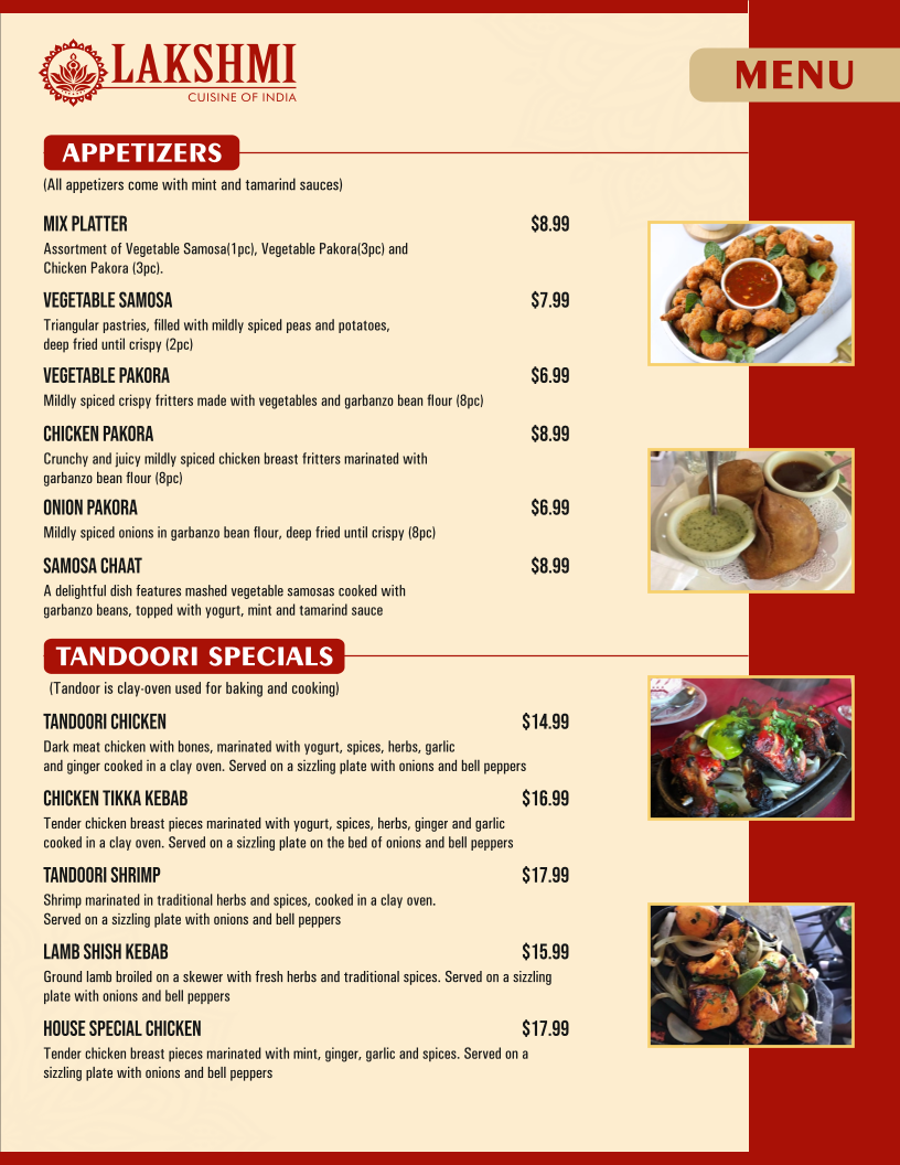 Lakshmi cuisine of India menu board