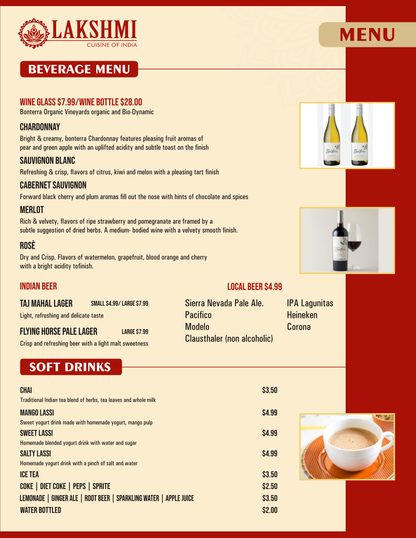 Lakshmi cuisine of India menu board