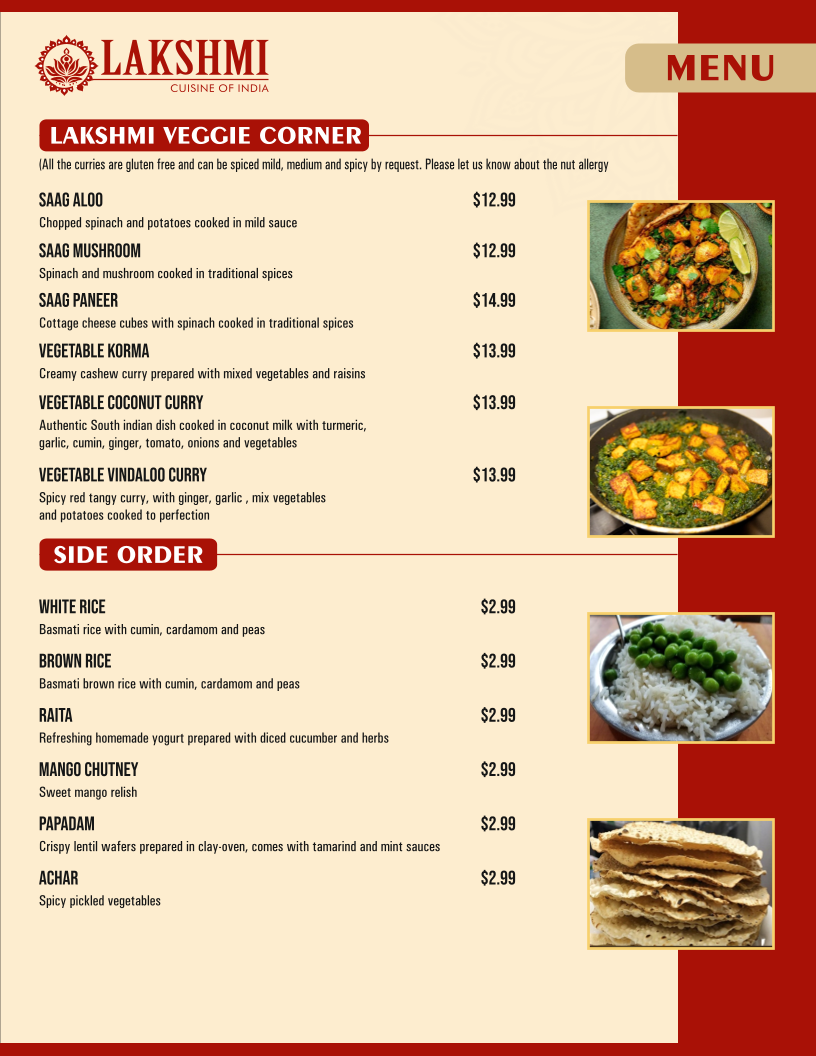 Lakshmi cuisine of India menu board