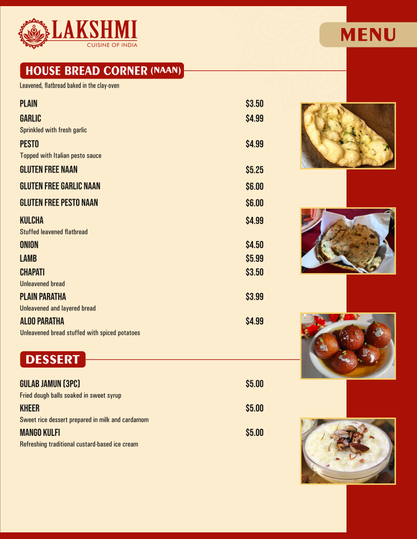 Lakshmi cuisine of India menu board