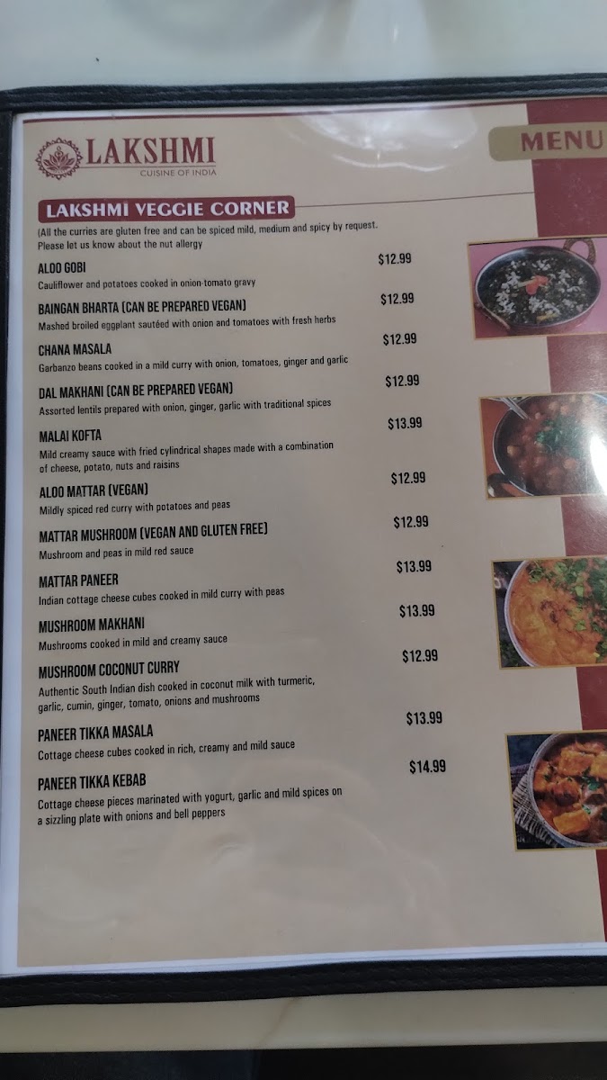 Lakshmi cuisine of India menu board