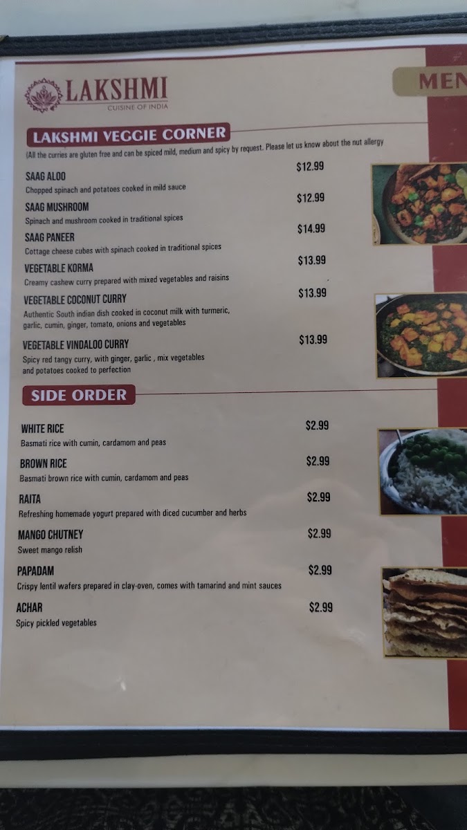 Lakshmi cuisine of India menu board