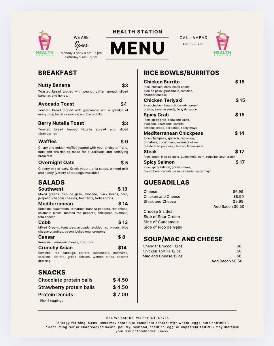 Health Station menu board