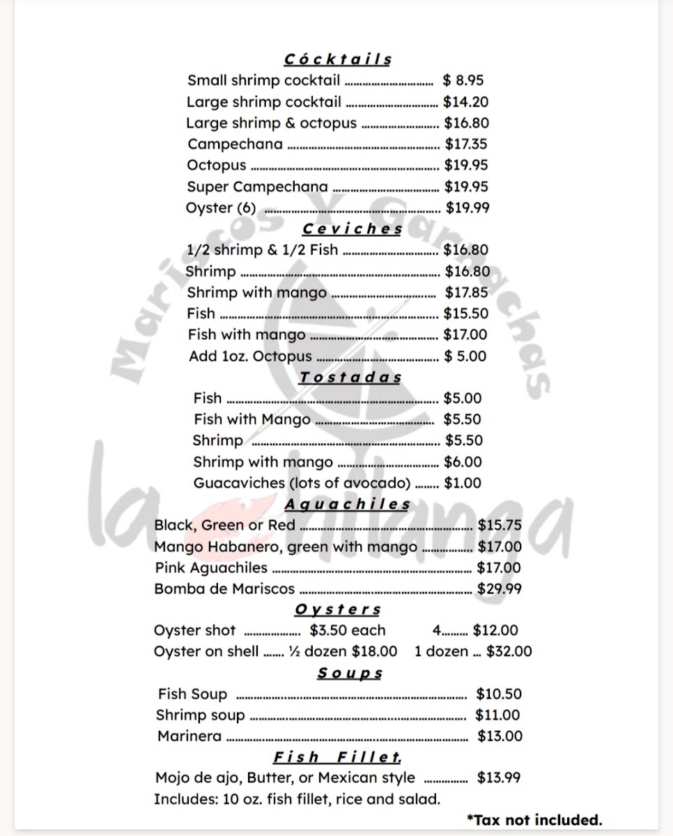 Mariscos y Garnachas La Chilanga (food truck) menu board
