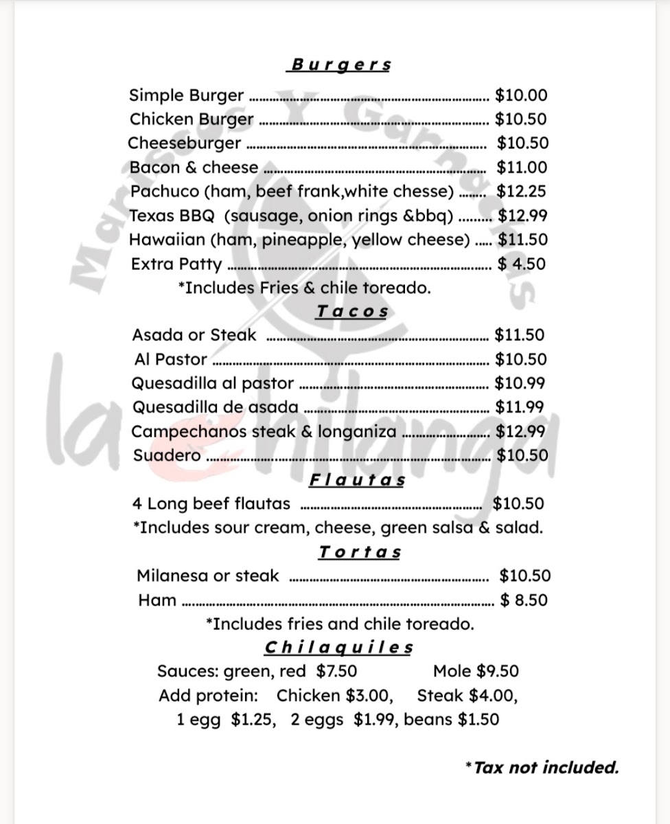 Mariscos y Garnachas La Chilanga (food truck) menu board