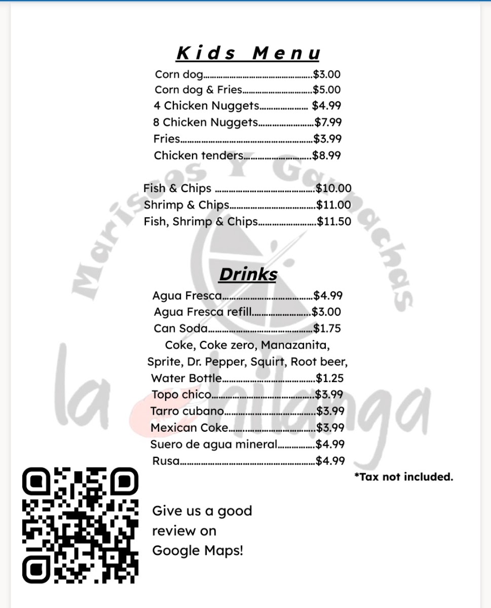 Mariscos y Garnachas La Chilanga (food truck) menu board