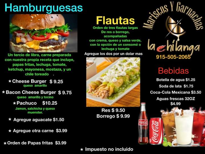 Mariscos y Garnachas La Chilanga (food truck) menu board