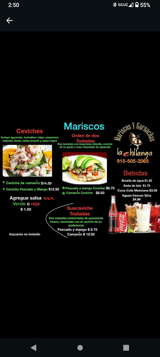 Mariscos y Garnachas La Chilanga (food truck) menu board
