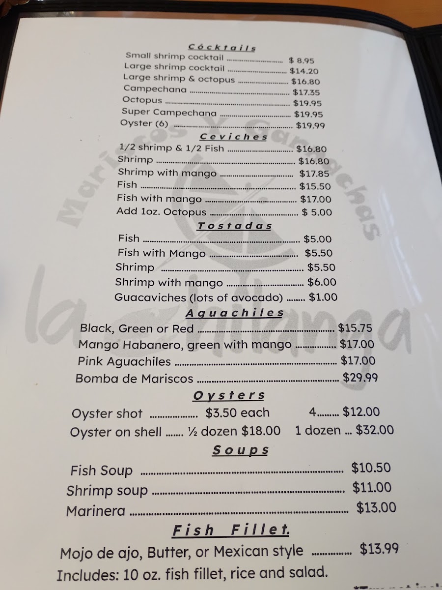 Mariscos y Garnachas La Chilanga (food truck) menu board