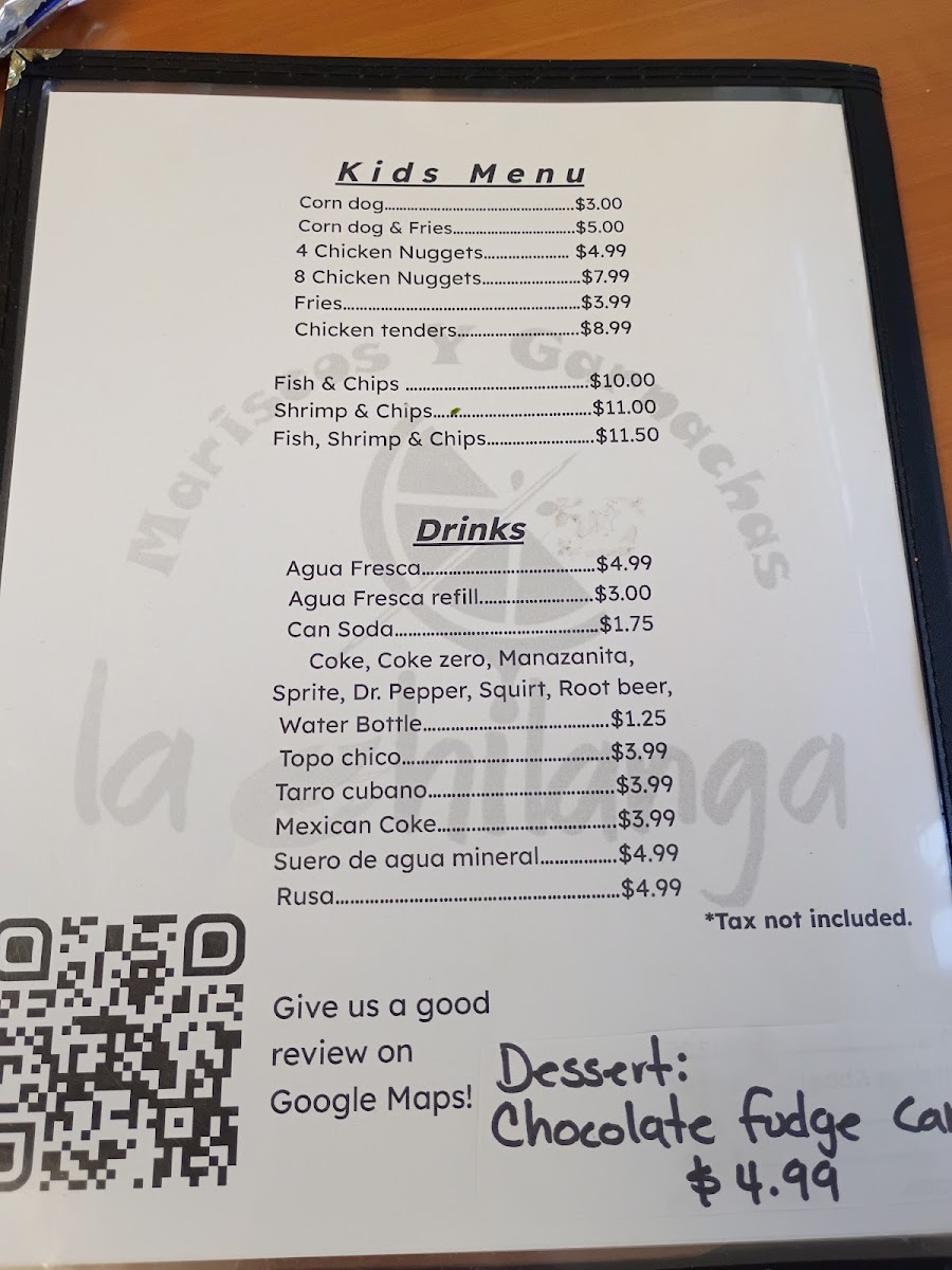 Mariscos y Garnachas La Chilanga (food truck) menu board