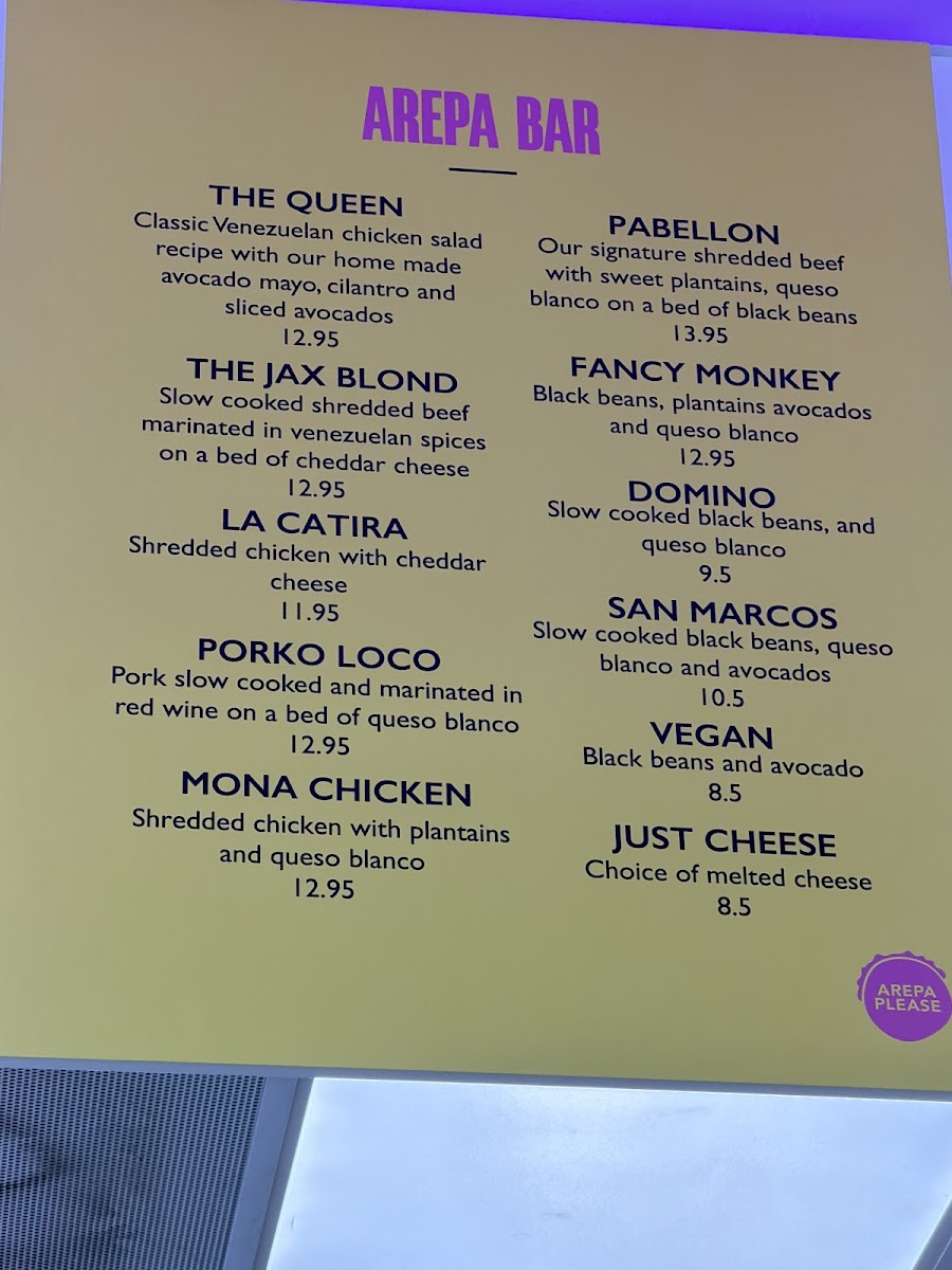 Arepa Please menu board
