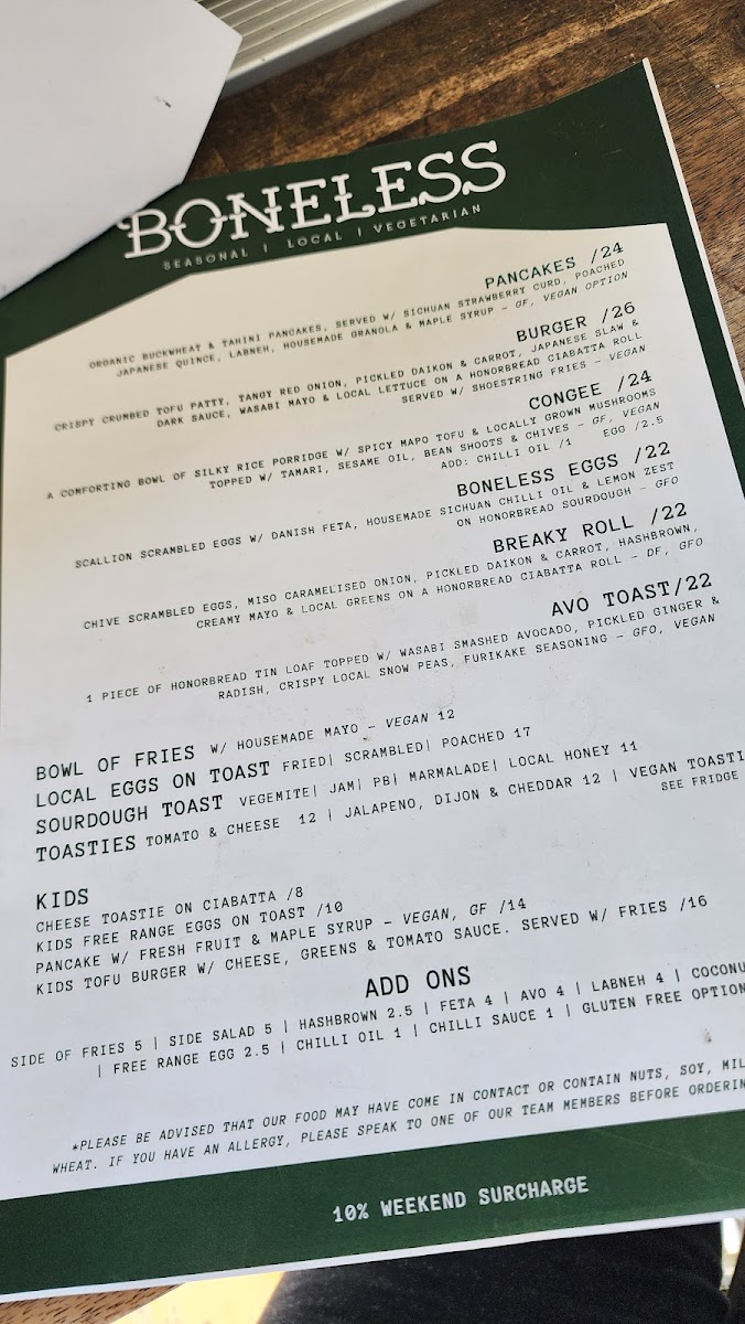 Boneless Cafe menu board