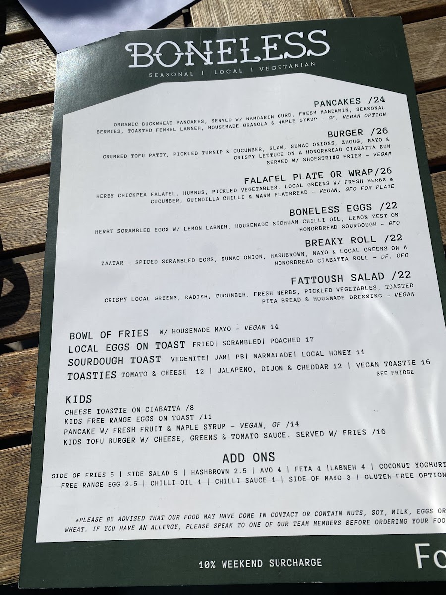 Boneless Cafe menu board