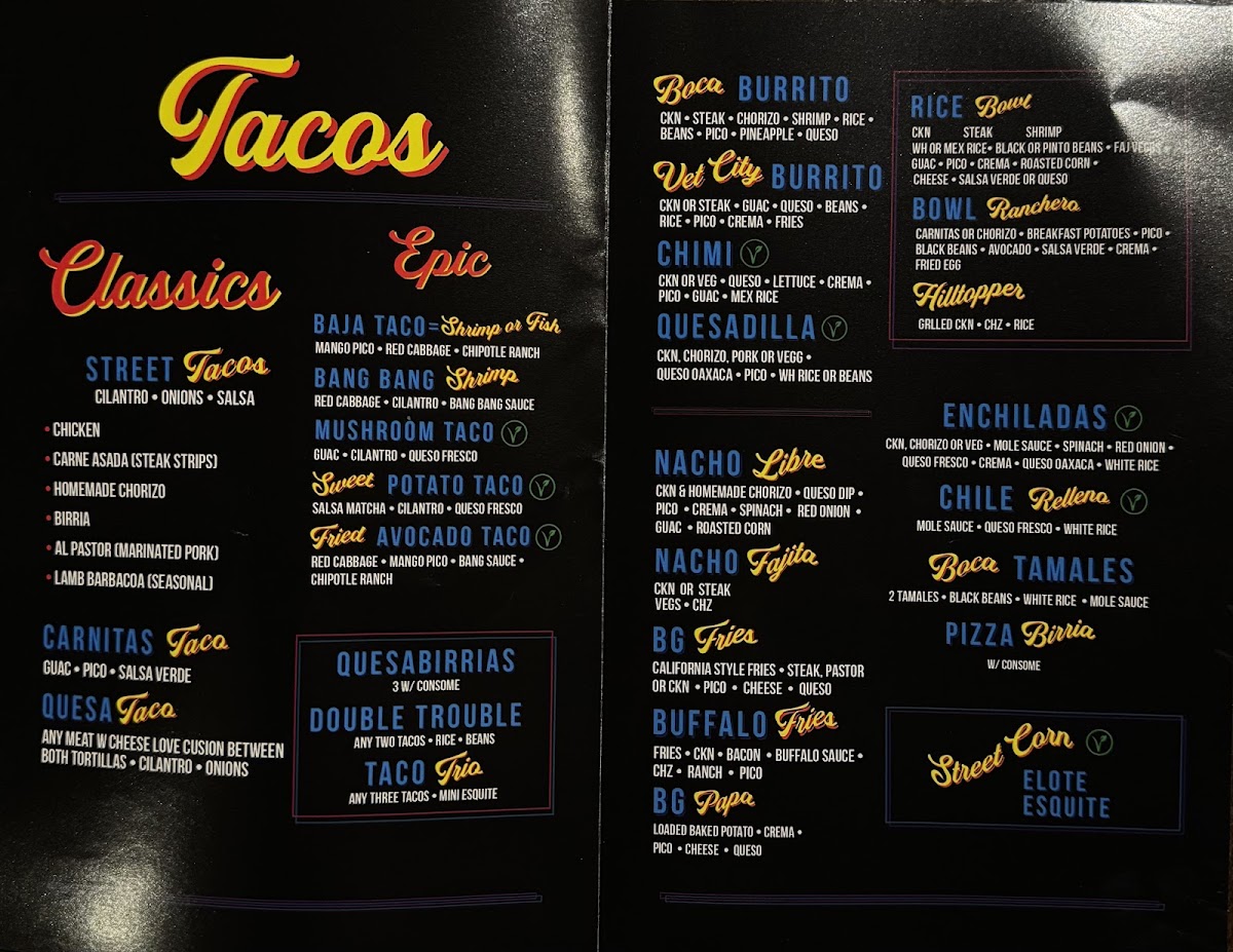 Boca Tacos & Tequila menu board