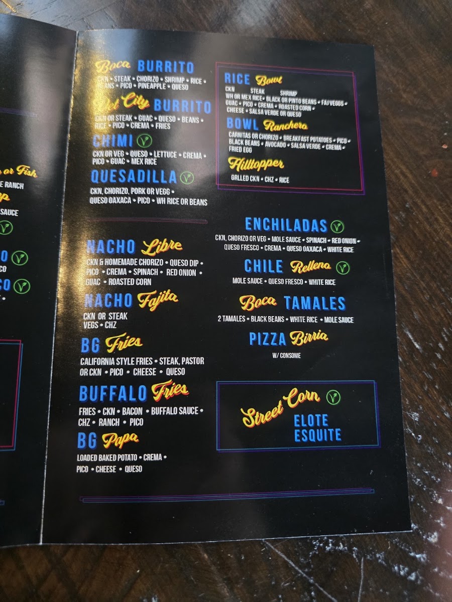 Boca Tacos & Tequila menu board