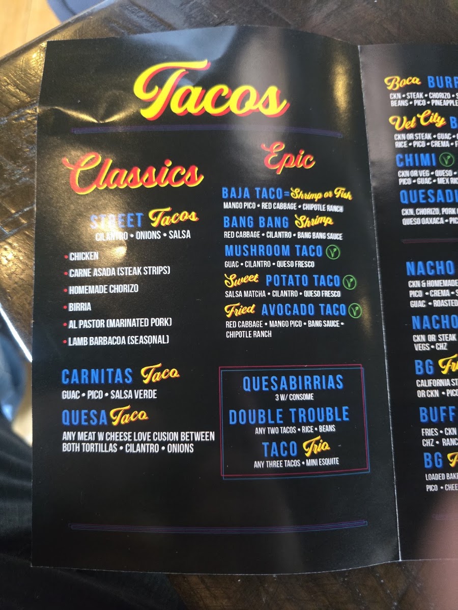 Boca Tacos & Tequila menu board