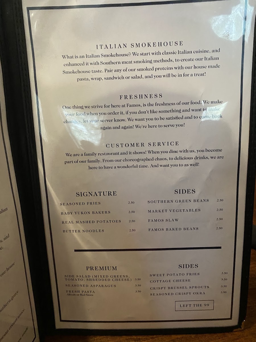 Famos Italian Smokehouse menu board