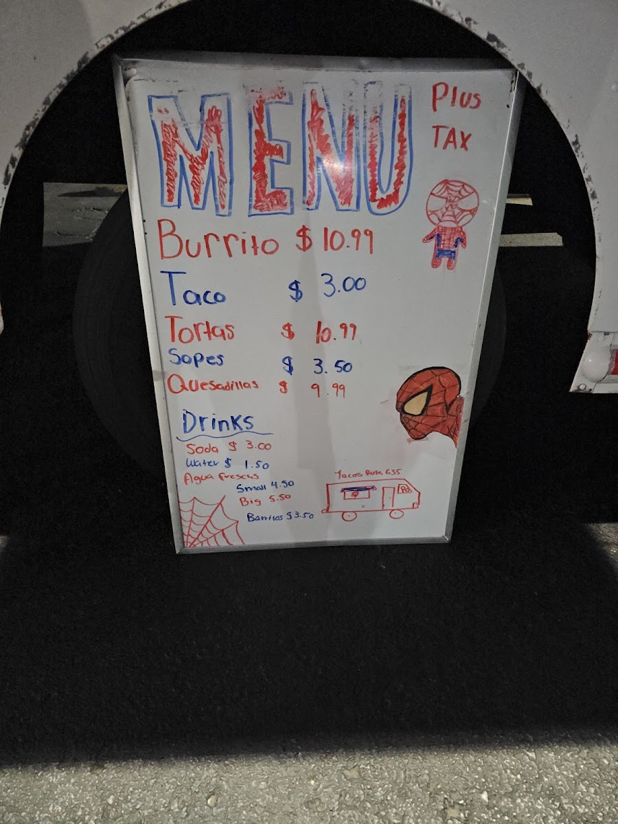 Tacos Ruta 635 menu board