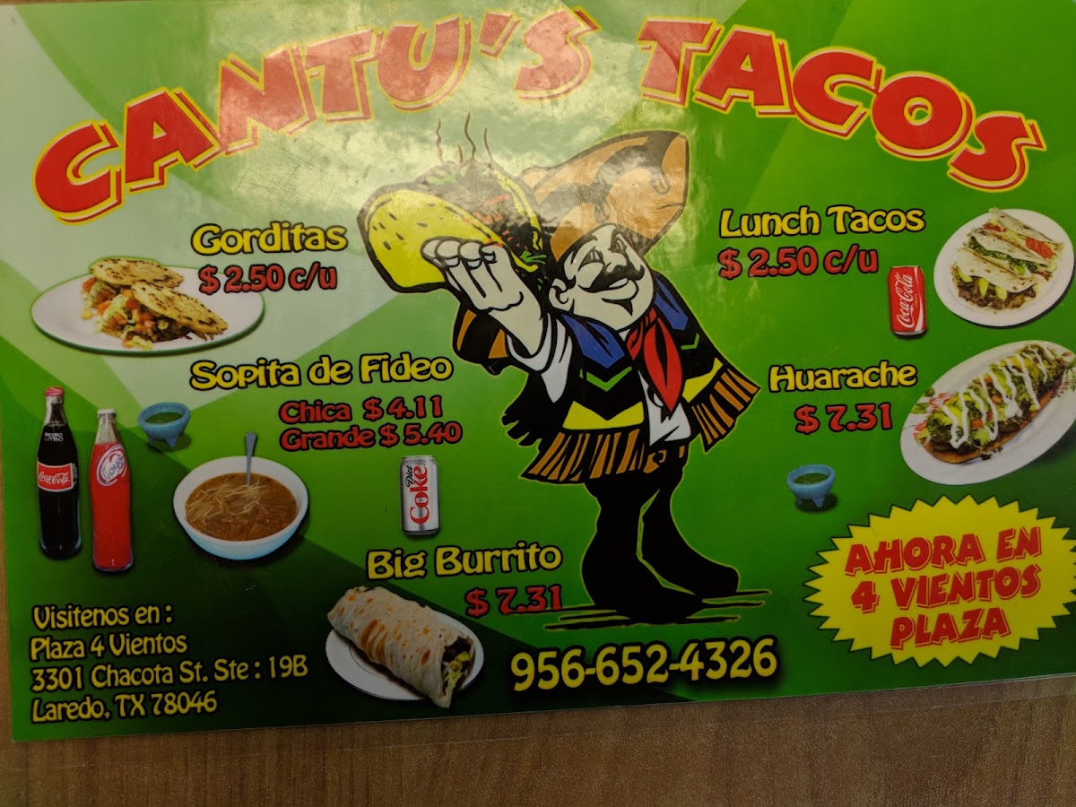Cantu's Tacos menu board