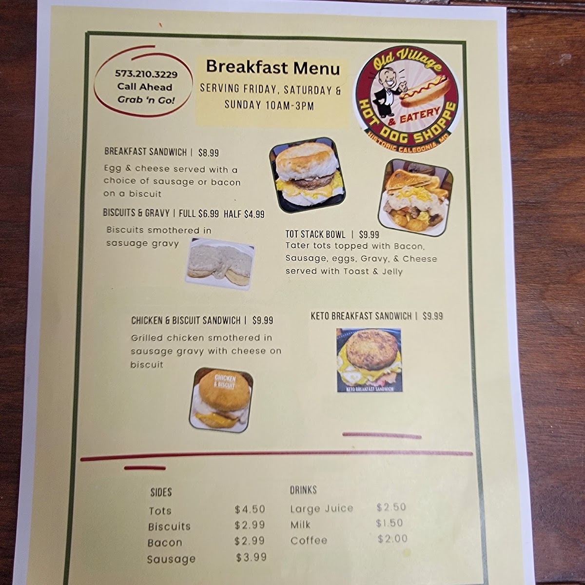 Old Village Hot Dog Shoppe menu board