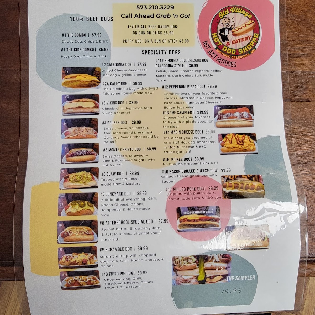 Old Village Hot Dog Shoppe menu board