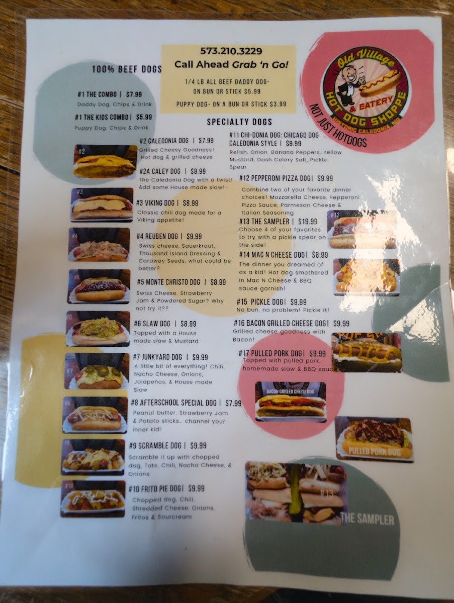 Old Village Hot Dog Shoppe menu board