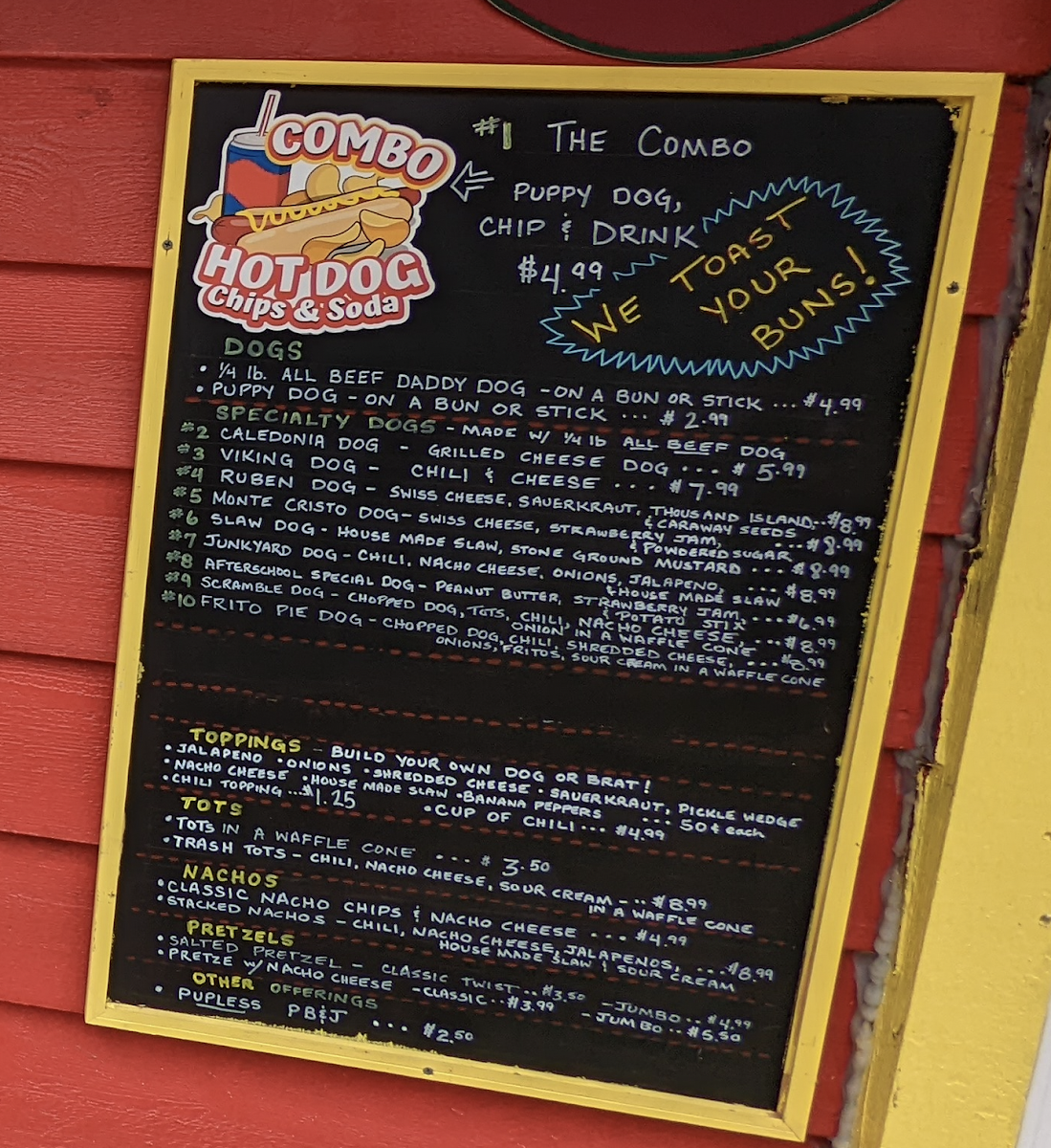 Old Village Hot Dog Shoppe menu board