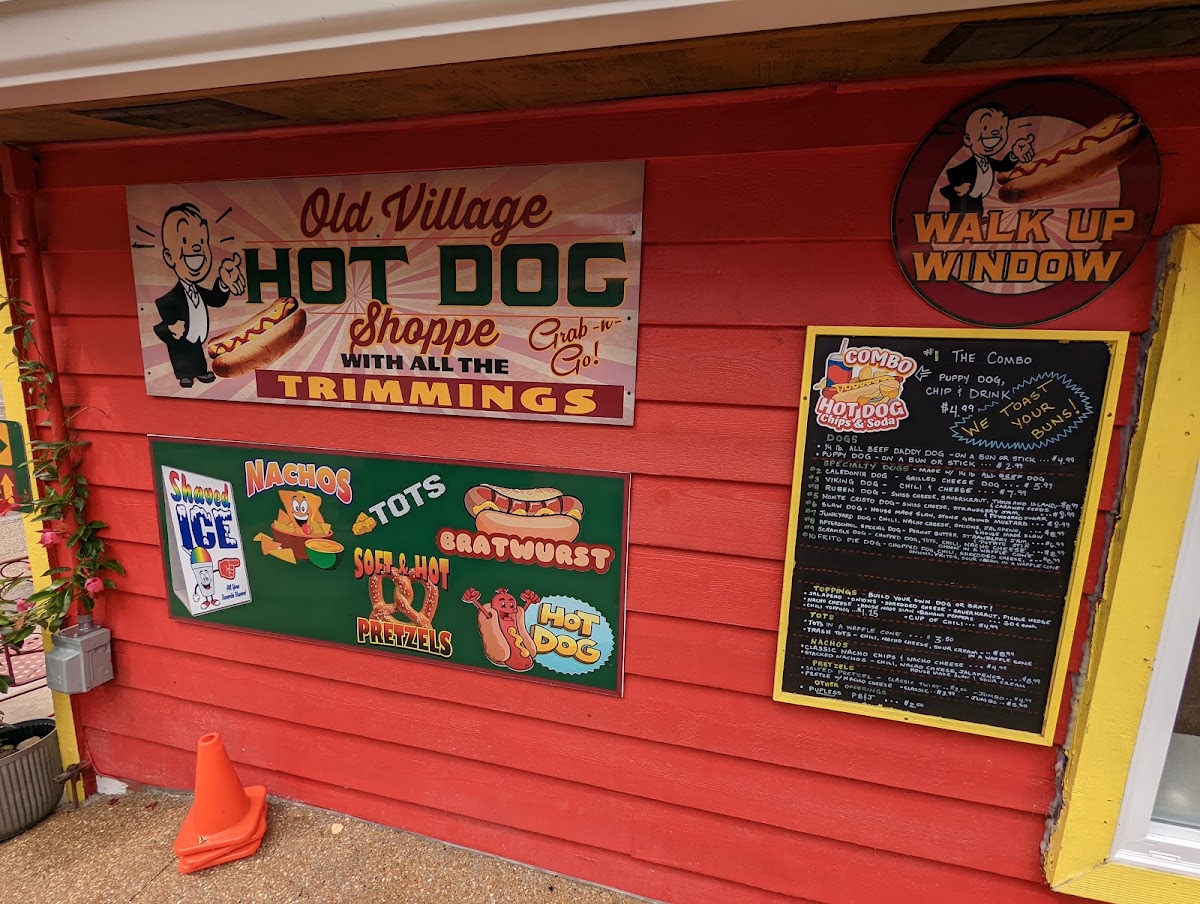 Old Village Hot Dog Shoppe menu board