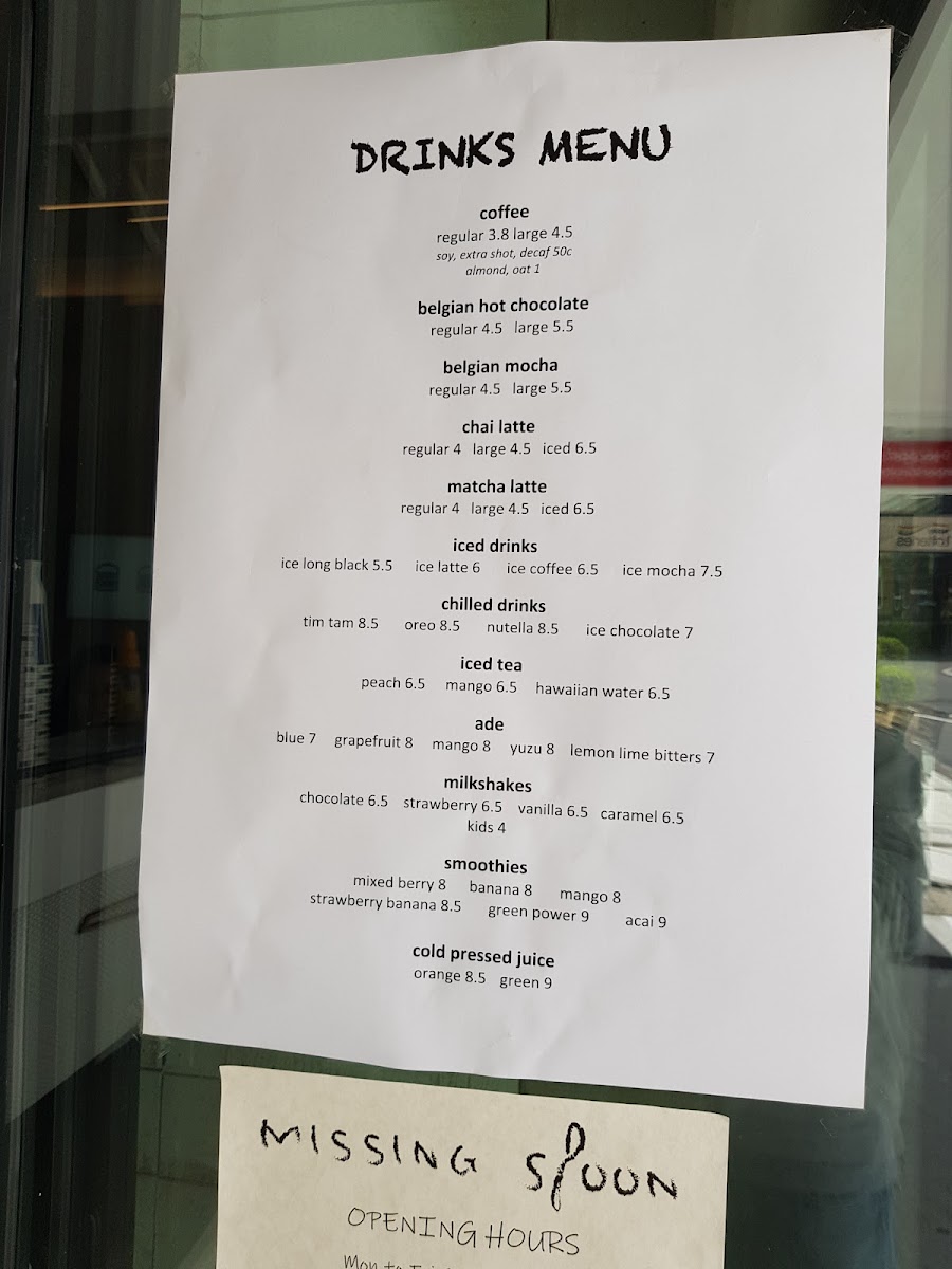 Missing Spoon Wahroonga menu board