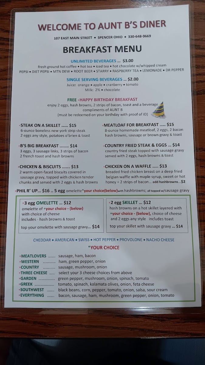 Aunt B's Diner menu board