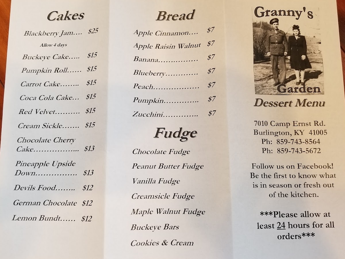 Granny's Garden menu board