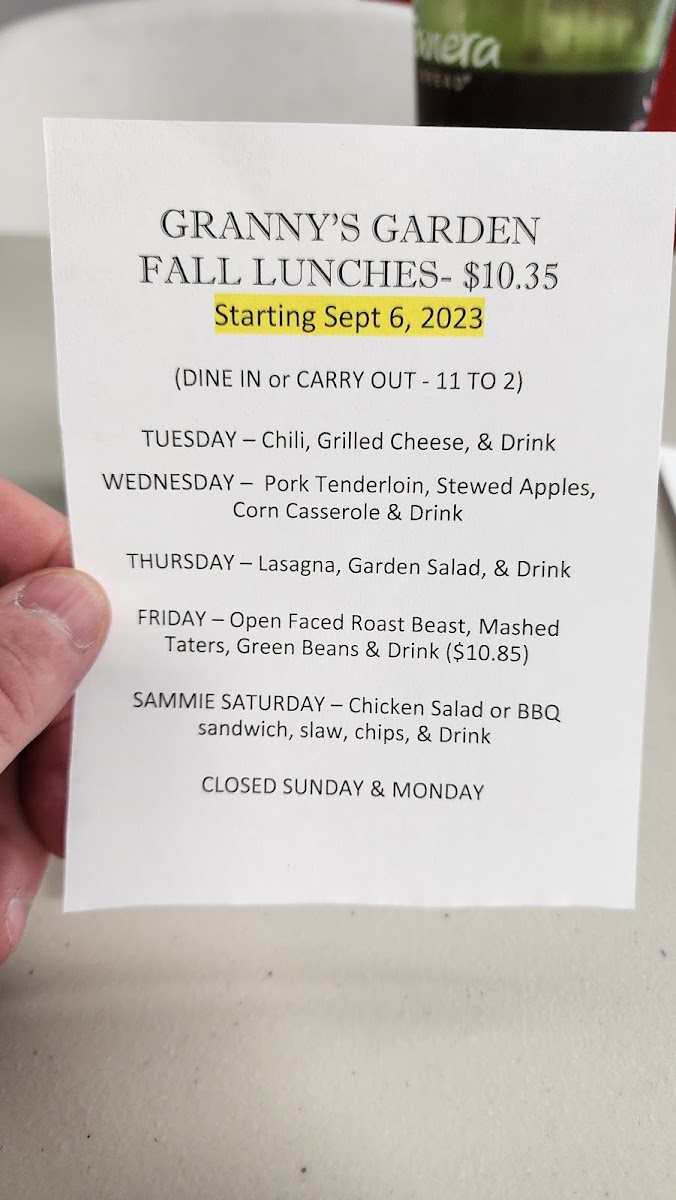 Granny's Garden menu board