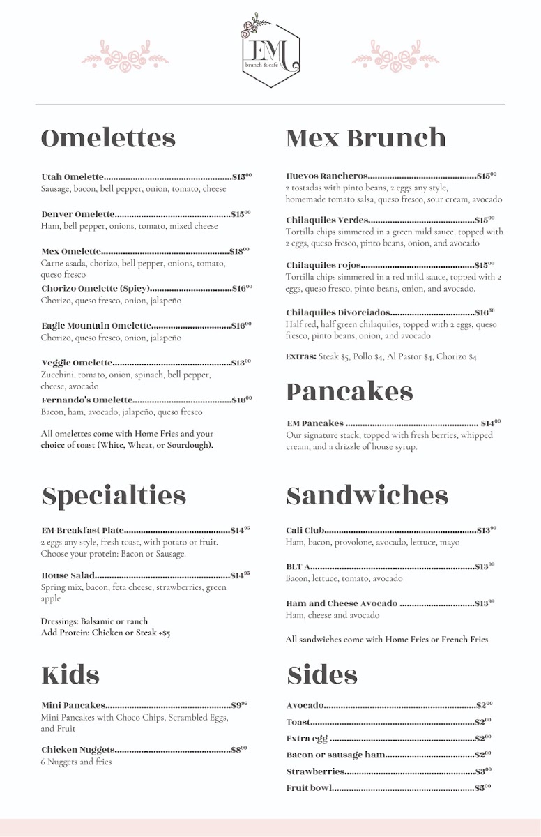 Eagle Mountain Brunch & Café menu board