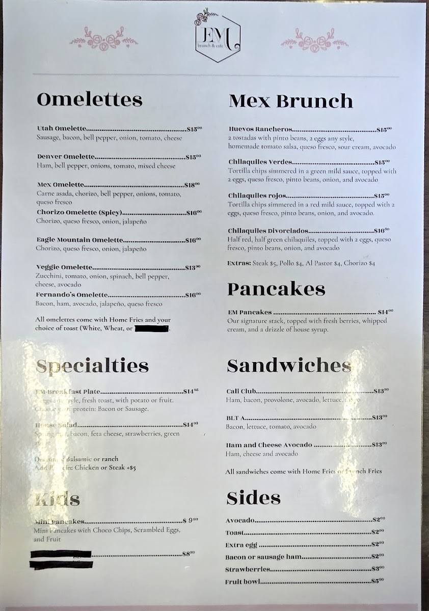 Eagle Mountain Brunch & Café menu board