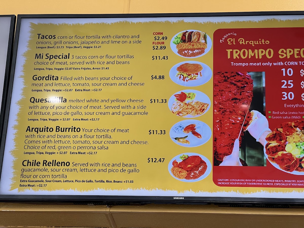 Taqueria El Arquito menu board
