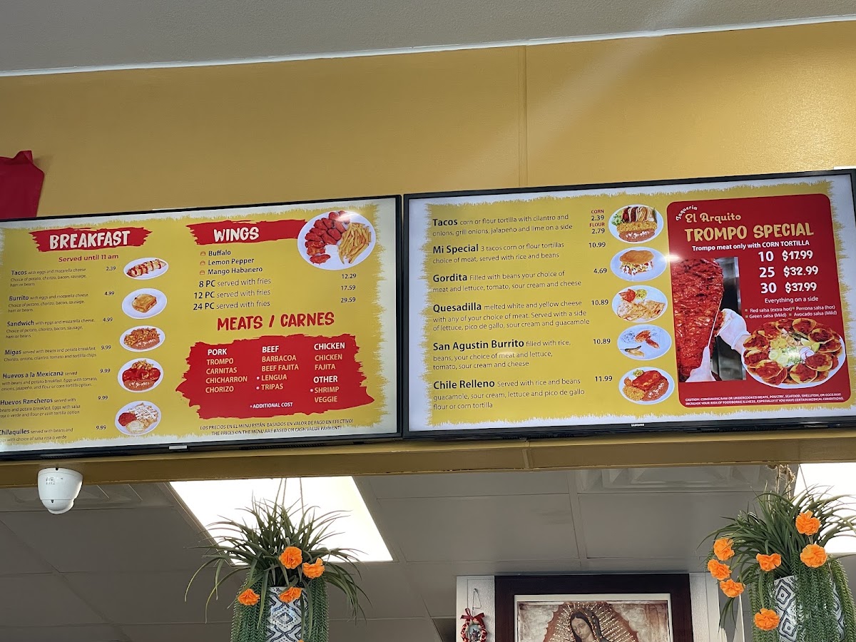 Taqueria El Arquito menu board