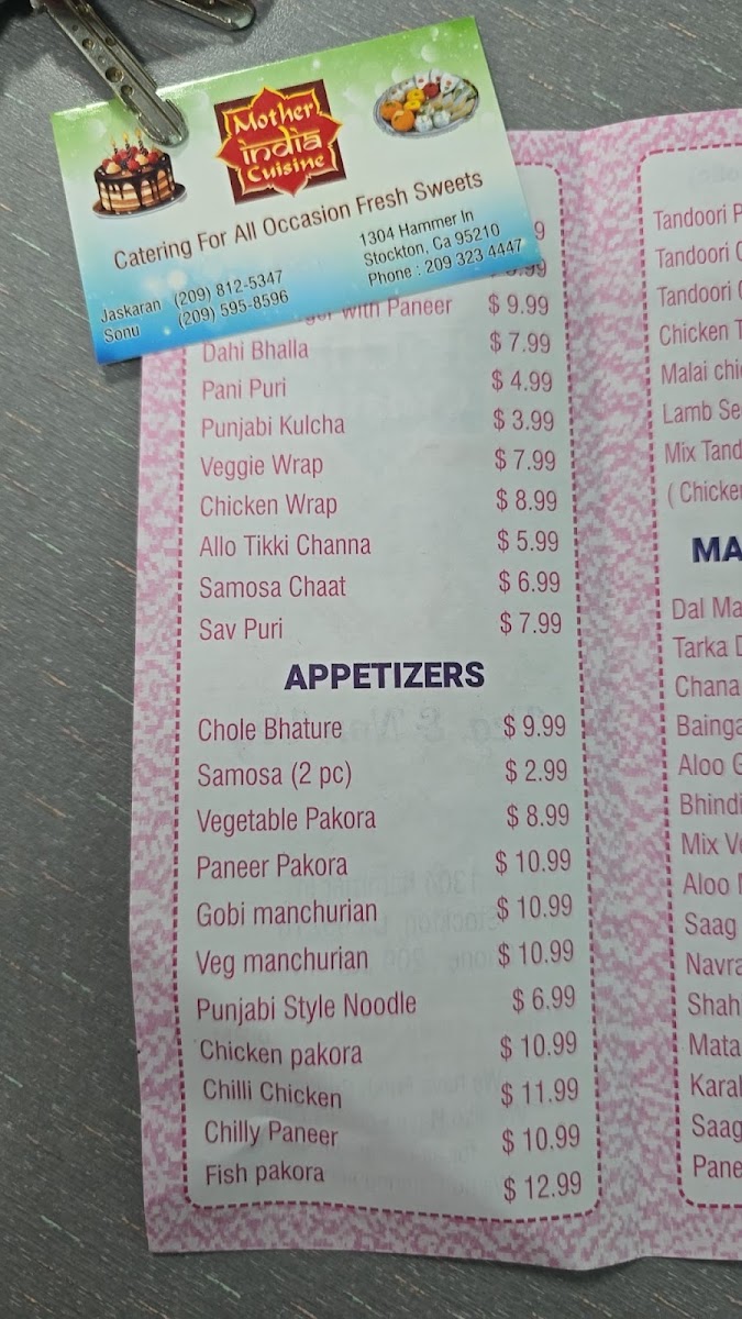 Mother India Cuisine | Stockton menu board