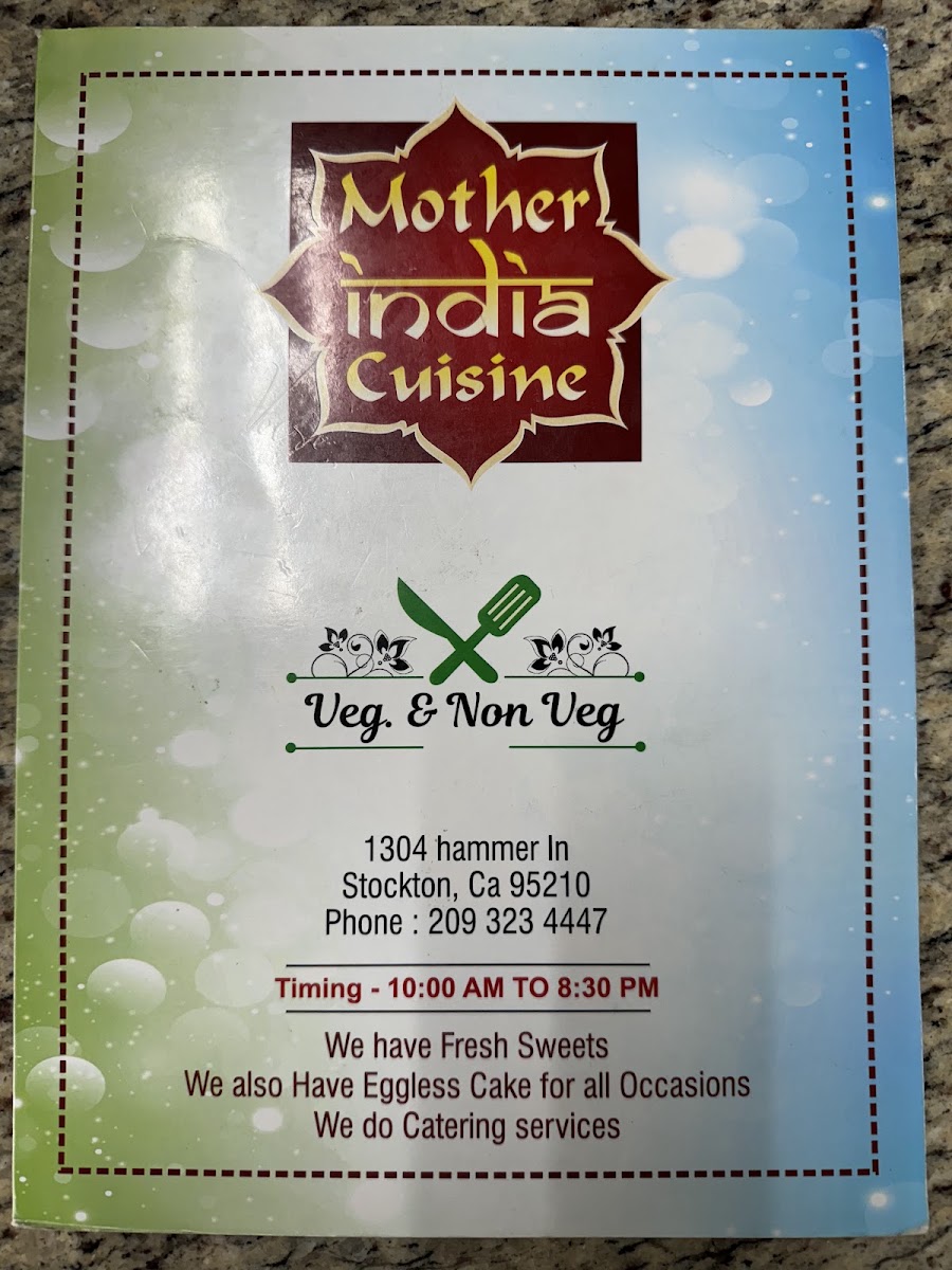 Mother India Cuisine | Stockton menu board