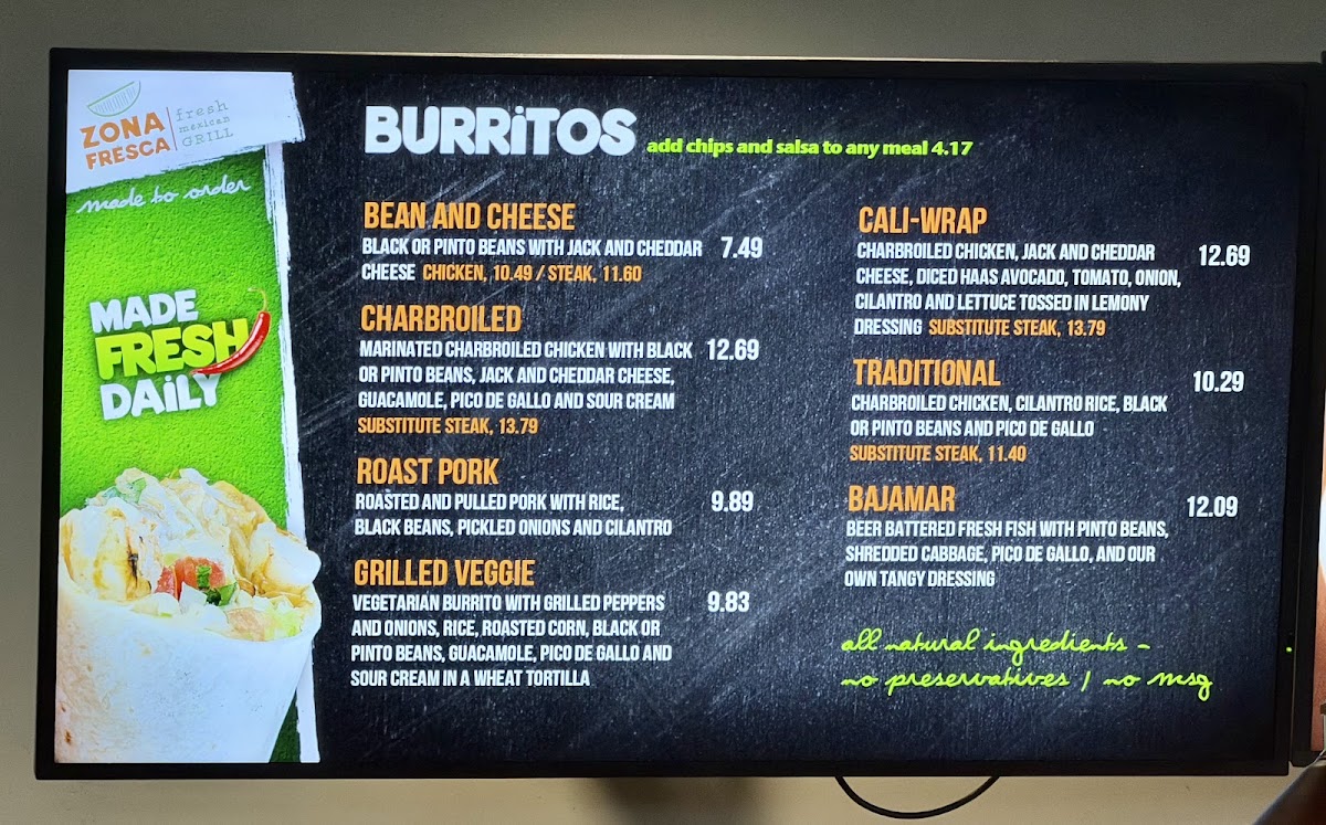 Zona Fresca menu board